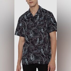 American Eagle x Outfitters Black Short-Sleeve Graphic Button-Down Shirt